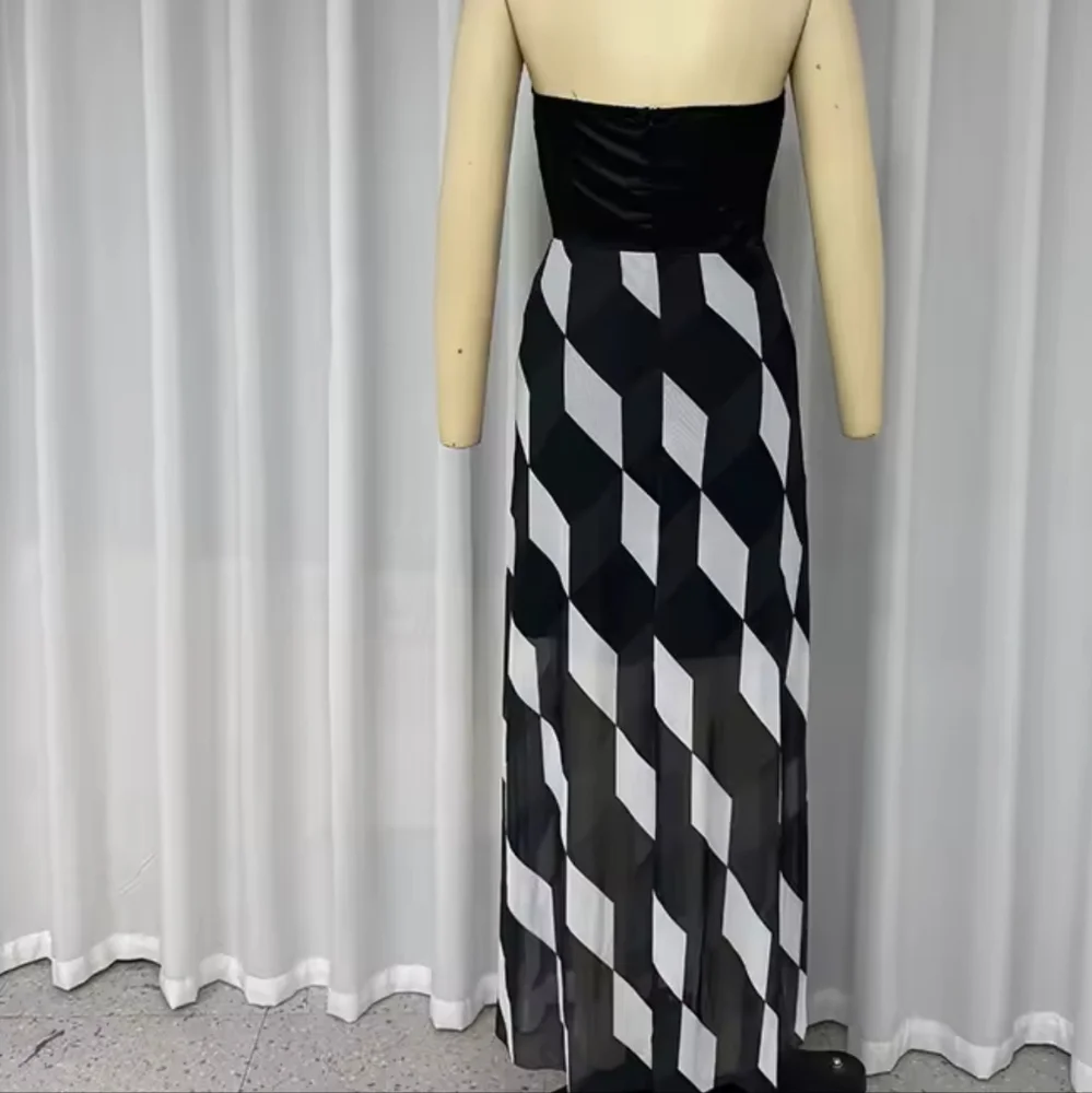 Midi Dress Women Fashion Sleeveless Tube Nipped Waist Contrast Multifaceted Prin - Picture 4 of 6